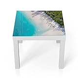 DEQORI Mesa de cristal, color blanco, pequeña, 55 x 55 cm, diseño de paraíso desde arriba, elegante mesa auxiliar de cristal, mesa de centro brillante para el salón, moderna mesa de sofá con diseño