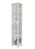 Vitrina de Cristal 172 x 32 x 33 cm, en Blanco con 7 estantes de Cristal, Espejo y LED, coleccionistas