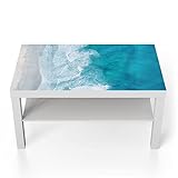DEQORI Mesa de cristal | blanco grande 90 x 50 cm | diseño de océano desde arriba | elegante mesa auxiliar de cristal | mesa de centro brillante para el salón | moderna mesa de sofá con diseño