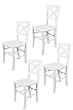 Tommychairs - Set 4 sillas Cross para cocina y comedor, estructura en madera de haya barnizada color blanco y asiento en madera