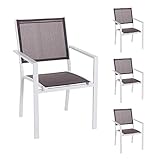 Set de 4 sillas de jardín apilables Thais con Brazos de Aluminio Blanco y textileno Gris de 55x60x86 cm