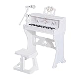 HOMCOM Piano Electrónico Infantil de 37 Teclas Juego de Piano con Modelo Pedagógico Micrófono Taburete Luces y 22 Canciones USB/MP3/Bluetooth Karaoke 53,5x27x63 cm Blanco
