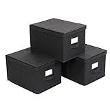 SONGMICS Cajas de Almacenaje, Juego de 3, Cajas Organizadoras, Cajas Plegables de Tela con Tapas, con Portaetiquetas, 40 x 30 x 25 cm, Negro RFB03H