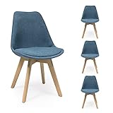 Homely – Pack de 4 sillas de Comedor New Day Tela, Silla de diseño nórdico, Asiento tapizado en Tela con Motivos hexagonales, Respaldo ergonómico, Patas de Madera de Haya, Color Azul