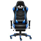 JL Comfurni Silla de oficina para gaming, con reposapiés, ergonómica, reclinable, altura regulable, con reposabrazos ajustables, de piel sintética, color azul