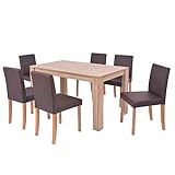GOTOTOP - Conjunto de mesa de madera de roble y 6 sillas para cocina, mesa de comedor con silla de piel sintética y patas de haya, muebles de comedor, color marrón