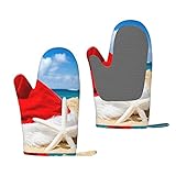 Sombrero de Santa en la playa y estrella de mar Guantes de horno de gel de sílice aislamiento térmico guantes anti quemaduras, guantes de barbacoa para cocinar
