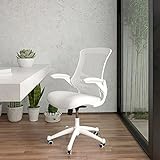 Flash Furniture Silla de escritorio ergonómica, giratoria, respaldo medio, de malla, armazón blanco y reposabrazos abatibles, color Blanco