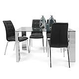 Homely - Conjunto de Comedor de diseño Moderno Karina II Mesa de Cristal, DM y Acero Pulido de 140x90 cm, 4 sillas de Polipiel y Patas de Acero Cromado Color Negro