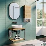 Mueble de Baño Suspendido Diseño Industrial Kirt | Mueble Baño Volado de Encimera Madera con Estructura Negra y Estante Inferior | Roble Natural | 80cm
