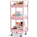KINGRACK Carrito de almacenamiento, 3 niveles, carrito de cocina, carrito de organización con ruedas, carrito de utilidad, carrito rodante, estantería, carrito organizador, color rosa