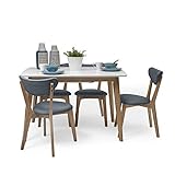 Homely - Conjunto de Comedor de diseño nórdico MELAKA Mesa Extensible de Color Roble y Blanco, de 120/160x80 cm + 4 sillas MELAKA tapizadas Color Roble y Azul