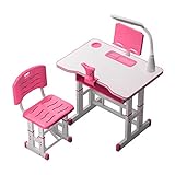 4YANG Juego de escritorio y silla para niños, mesa de estudio de altura ajustable con cajones de escritorio antirreflectantes, luz LED, lector y ortesis, ideal para niños de 3 a 15 años (rosa)