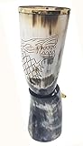 Cuerno de toro de 30,5 a 38 cm: cuerno vikingo para bebidas artesanal con grabado del rey Robb, el'Joven Lobo' con embellecedor de latón en el borde superior y en la empuñadura; (0,5 pinta)