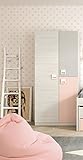 Armario ropero juvenil infantil 3 puertas, barra interior y 3 estantes color blanco, gris y rosa pastel de dormitorio (medida: 90cm ancho x 200cm altura x 52cm fondo)