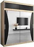 Armario con puertas correderas Mónaco 200 armario con barra y estante armario de dormitorio con espejo (roble Sonoma + negro mate con extensión)
