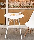 Mesa de comedor redonda pequeña diámetro 23.6 pulgadas patas de metal superior de madera, simple y moderno ocio para el hogar, cocina, cafetería, oficina, conferencias, 2 a 3 personas, blanco