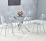 SWEET DECO Mesa de comedor redonda de cristal y 4 sillas transparentes plateadas, 120 cm