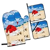 Guantes de horno con estampado de estrellas de mar y sombrero de Santa en la playa y guantes para ollas (4 juegos)