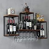 Futchoy Botellero vintage con soporte de cristal para 6 copas de vino, estantería de pared de madera y metal, rústico, montaje en pared, para botellas de vino